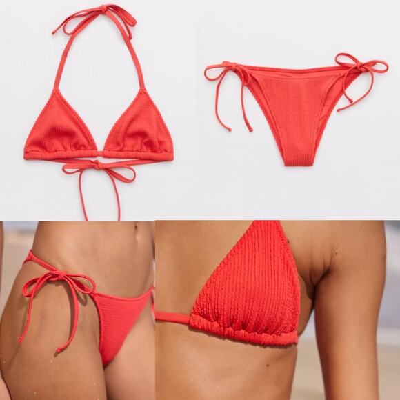 NWT Aerie Crinkle String Triangle Bikini Top & Cheekiest Tie Bikini Bottom SET M - Picture 2 of 8